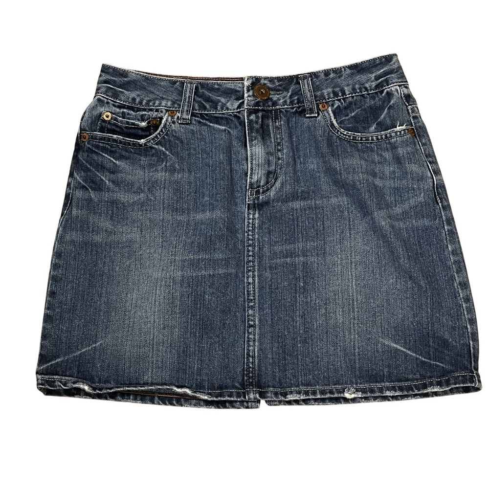 American Eagle Distressed Denim Blue Jean Mini Skirt Womens Sz 0‎ Preppy